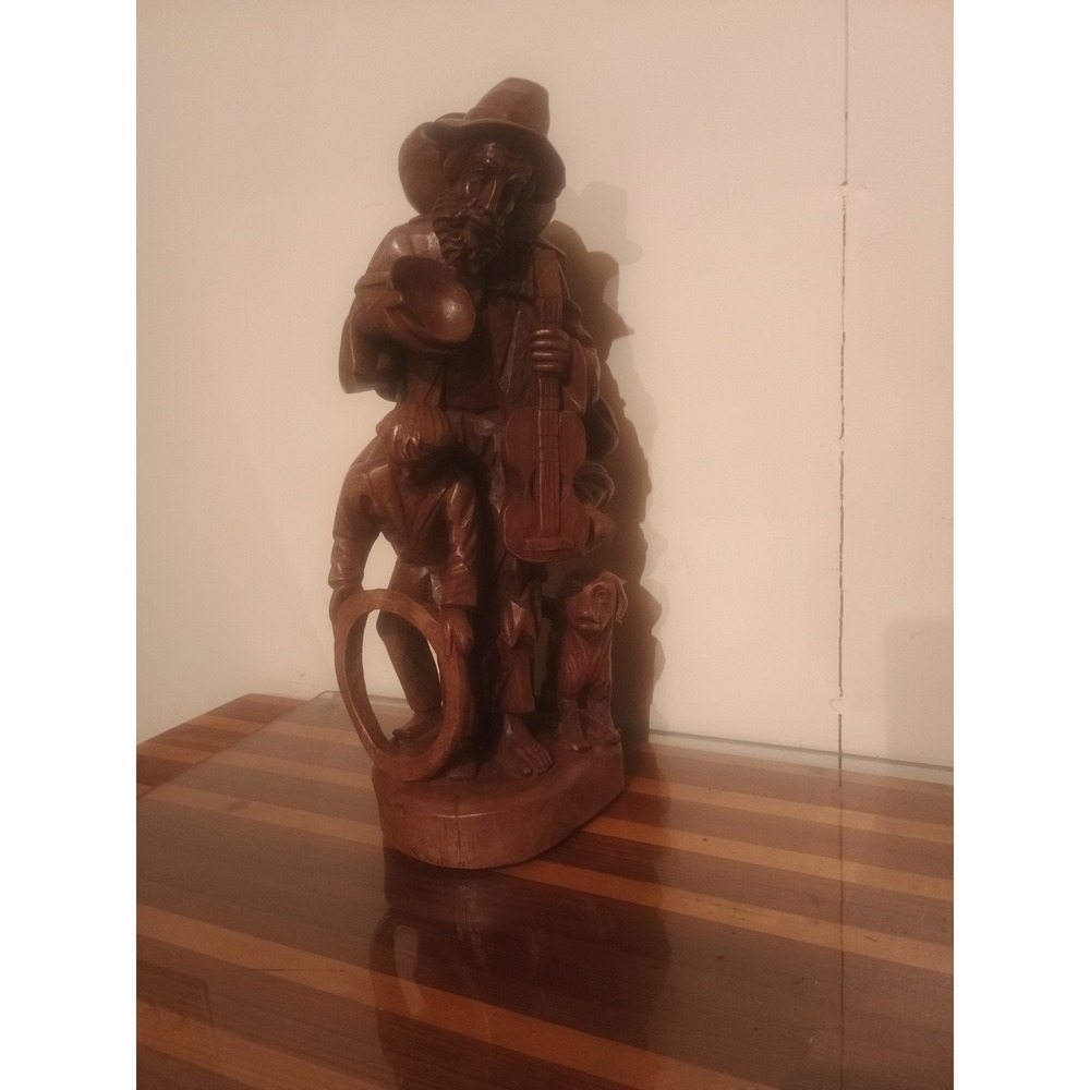Large Vintage Hand Carved Wooden Traveler Man With Dog Indoor/Outdoor Statue 16"